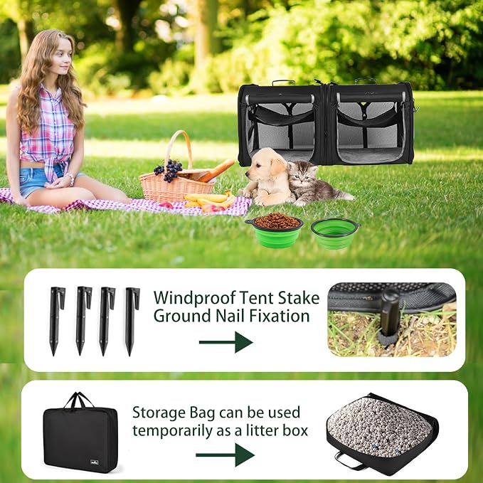 Wakytu 2-in-1 Pet Carrier for Cats & Dog, Travel Carrier for Camping | Extra-large fits 2 cats up to 25lbs each, includes 2 hammocks, carry bag, bowls & stakes. Car seatbelt pass-through