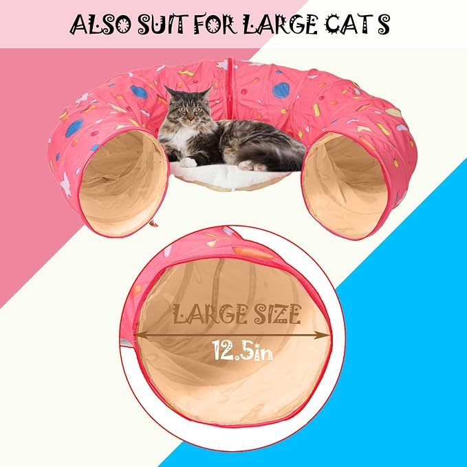 Large Cat Donut Tunnel, Big Cat Tunnel Bed,Fluffy Toy Balls, Small Cushion and Flexible Design- 12 inch Diameter, Great for Small Dogs,Pink