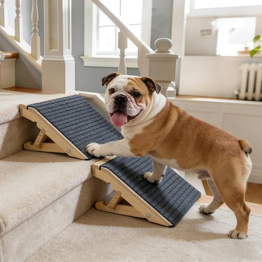 Dog Ramp for Stairs 2 Pack - Adjustable Solid Wood Stair Wedges for Small & Senior Dogs, Foldable Indoor Pet Ramp with 2 Heights (4.2"/5.1"), Triangular Support & Non-Slip Carpet, No Assembly (13.7"L)