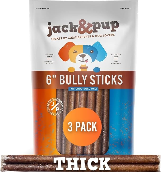 Jack&Pup 6 Inch Bully Sticks for Dogs (3 Pack) Extra Thick Dog Chews Long Lasting, Single Ingredient, 100% Beef Bully Sticks for Large Dogs and Medium Dogs