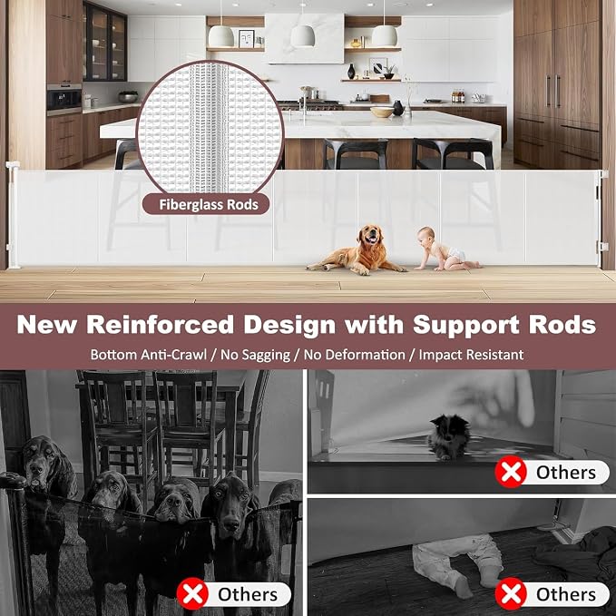 Reinforced 41 Inch Tall Retractable Baby Gates 200 Inch Extra Wide Dog Gate with Support Rods, Indoor Dog Gates for The House Extra Long Baby Gate Outdoor Retractable Gate Garage Gate, White