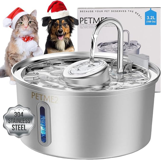 Luxury Smart Pet Fountain 2026 – 3.2L/108oz Stainless Steel Automatic Cat & Dog Water Fountain, Indoor Pet Water Dispenser with LED Light, Quiet Pump, Dual Flow Modes, 4-Layer Filter, Dishwasher Safe