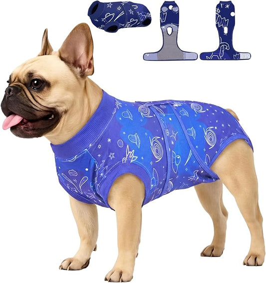 PetWarm Dog Cone Alternative After Surgery, Onesie for Dogs After Surgery, Professional Dog Abdominal Wounds Bandages Anti-Licking Surgical Suit for Dogs Female Male, Cosmic Pattern, Blue, XS
