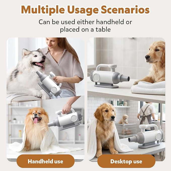 High Velocity Dog Hair Dryer – Portable Pet Grooming Blower with Brushless Motor, Adjustable Temperature, 3 Nozzles, Low Noise & Safety Protection (White)