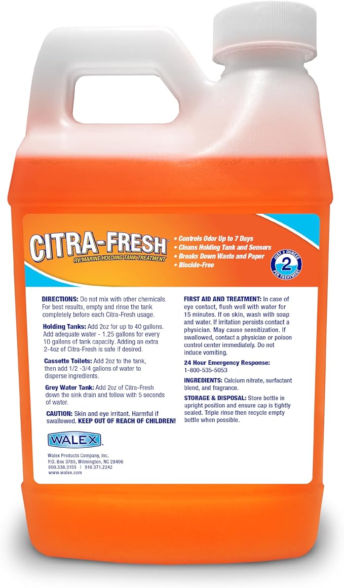 Walex Citra-Fresh Liquid Holding Tank Treatment for RV, Camper & Marine - Black Water Tank Deodorizer for Rapid Breakdown of Waste & Toilet Paper, Biocide-Free, Septic Tank Safe, 64oz