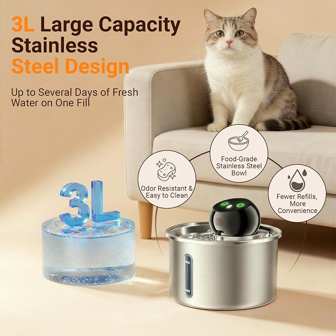 Cordless Cat Water Fountain 3L / 101oz, Stainless Steel Battery Operated Pet Fountain with 5000mAh Battery, Ultra Quiet, 3 Modes, 4 Filters, Helps Reduce Refills & Encourage Drinking