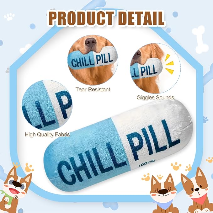 Wanheart Funny Chill Pill Dog Toy, Squeaky Plush Capsule for Teething Puppies & Cats, Interactive Chew Gift with Bite-Resistant Design, Pet Lover Present, Training Supply & Photo Prop(Blue)