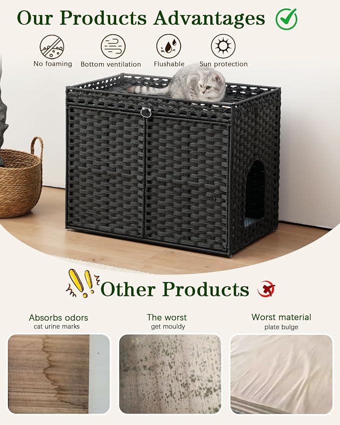SETVSON Cat Litter Box Enclosure Furniture, Hidden Litter Box, Cat Litter Box Cabinet with 2 Litter Mats, Handwoven Rattan Large Space Cat House, Indoor for Living Room, Bedroom, Apartment Black