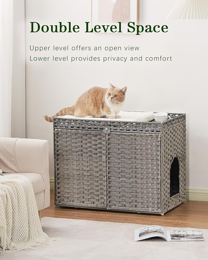 SETVSON Cat Litter Box Enclosure Furniture, Handwoven Rattan Hidden Litter Box with Mat, Large Space Cat House with 2 S-Shaped Hooks 30.3 x 18.3 x 24.4 Inches, Indoor for Living Room Apartment Gray