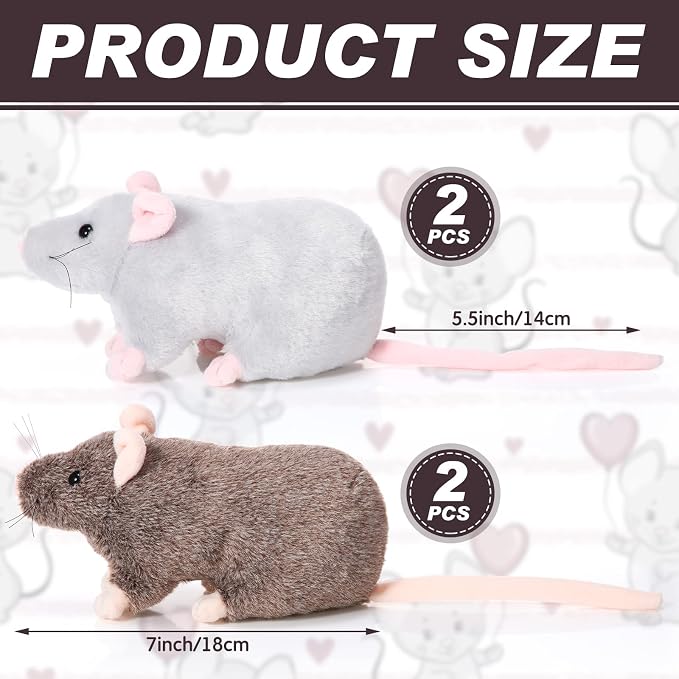 Kasyat 4 Pcs Fake Rat Stuffed Animals 7 Inch Fake Mouse Plush Toys Soft Cuddly Stuffed Mouse Realistic Rat Plushies for Birthday Prank Props April Fools Tricks(Brown, Grey)