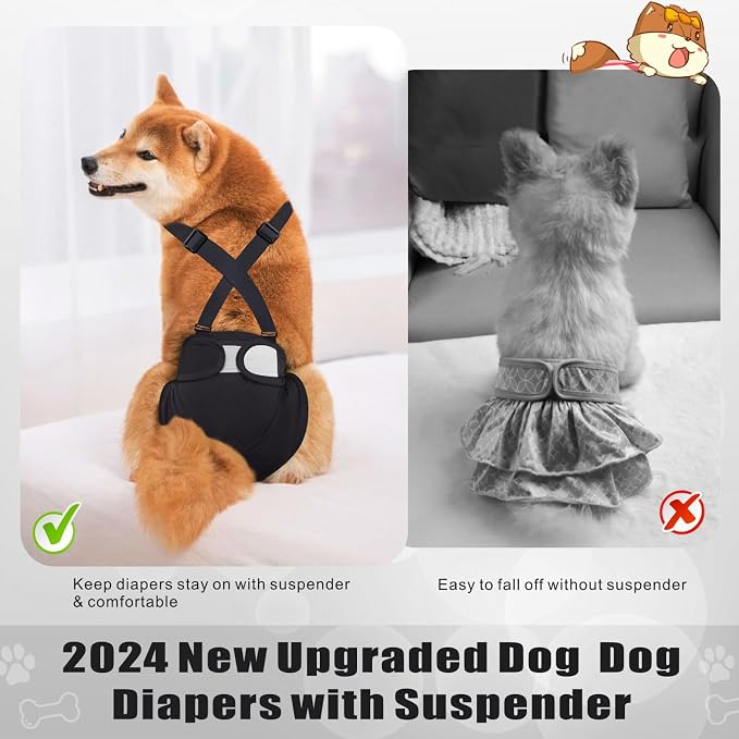 Idepet Female Dog Diapers with Suspender Detachable, 3 Pack Washable Reusable Girl Doggie Diapers for Small Medium Female Dog in Heat Period Cycle Urinary Incontinence Training XL