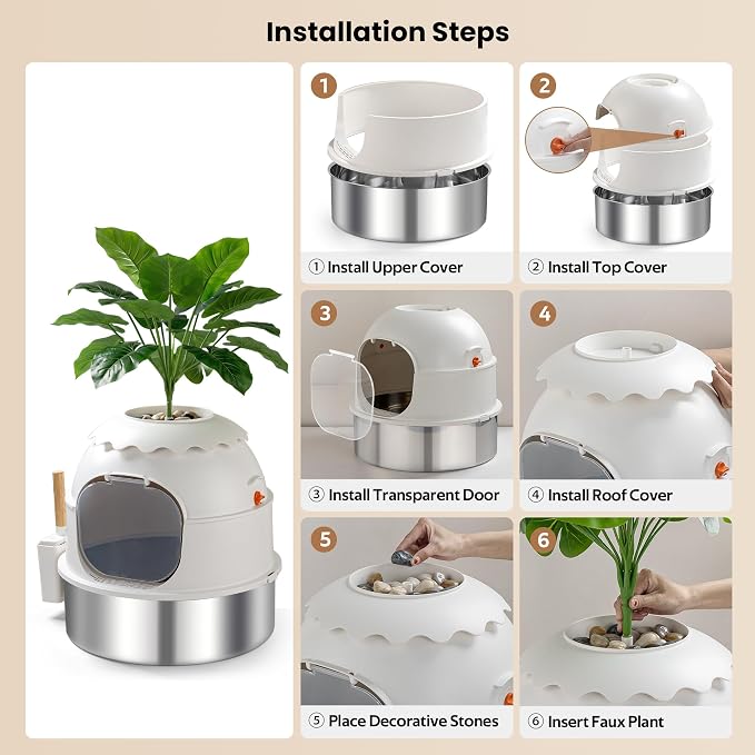 Hidden Litter Box, Stainless Steel Litter Box with Faux Plant Decor, Litter Box Enclosure with Clear Front Door, Includes Scoop & Litter Mat, Odor Control, Easy to Clean (White)
