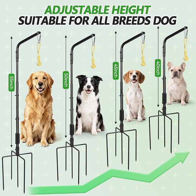 HVDI Tether Dog Toy Rack with 3 Tug Rope Toys, Dog Rope Play Spring Rack and Interactive in Yard, Park, Lawn, Adjustable Height Suitable for Large, Medium, Small Dogs (55 Inches)