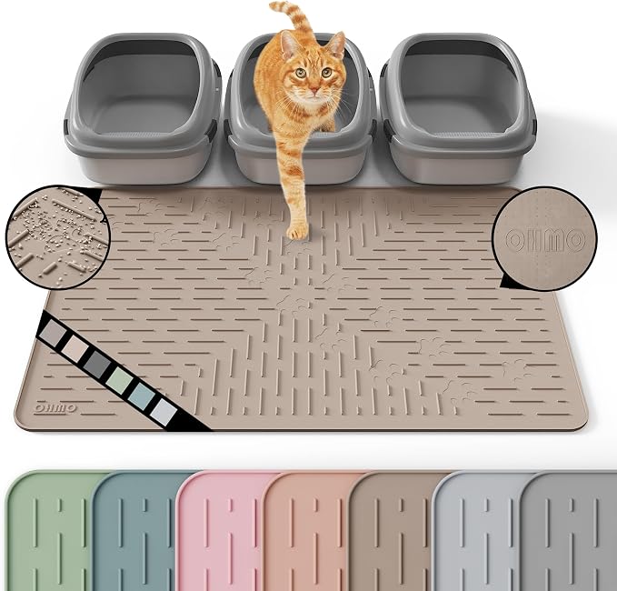 OHMO Cat Litter Mat XXL Trapping Mat Premium Silicone Rubber 37.5x25.2 Beige，Waterproof and BPA Free Kitty Litter Box Mat, Easy to Clean and Keeps the Floor Tidy