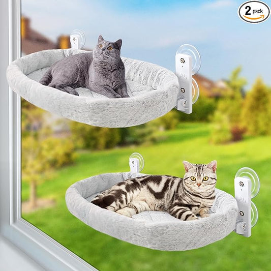 Sunhoo 2PCS Cat Window Perch Hammock Cordless Kitty Sunny Bed Seat Window Sill Shelf for Inside Cats Foldable Lounger with 4 Strong Suction Cups Soft Plush Cover 21 * 11.8 in Holds up to 40lbs (Grey)