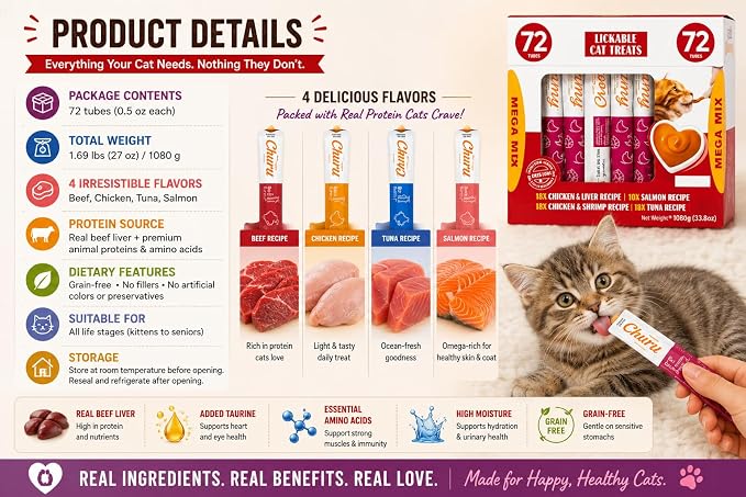 Premium Lickable Cat Treats - 72 Squeeze Tubes (0.5oz) | High-Protein Grain-Free Variety Pack | Hydrating Creamy Snacks for All Cats | Vet-recommended formula with real meat & fish ingredients supports healthy digestion, skin & coat while encouraging h...