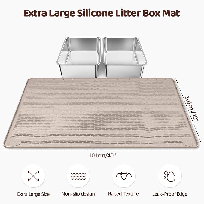 Cat Litter Mat, XL Extra Large 40" x 40" Silicone Mat Litter Trapping Mat for Scatter Control, Soft on Kitty Paws, Easy to Clean (Khaki)
