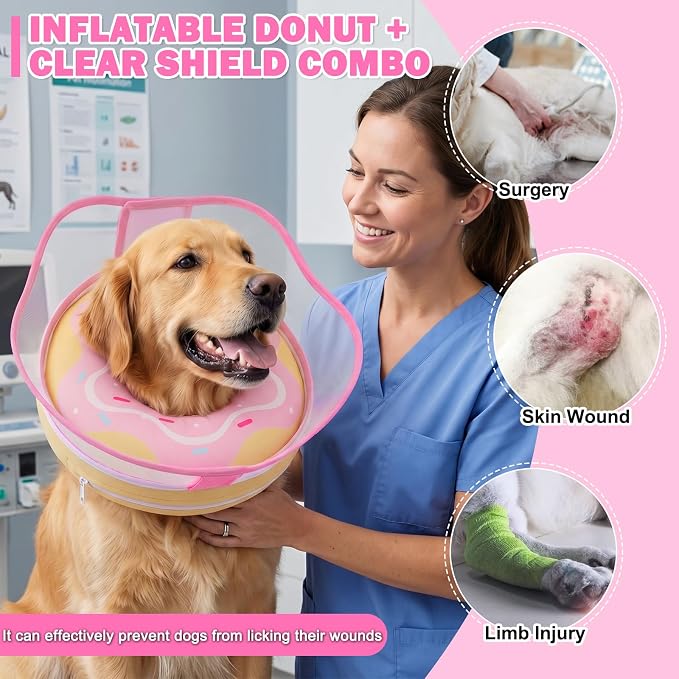 Inflatable Dog Cone Collar with Removable Clear Protective Shield, Soft Pet Recovery E-Collar for Dogs After Surgery, Adjustable Dogs Cone Collar to Prevent Licking Biting Scratching (Pink, XX-Large)