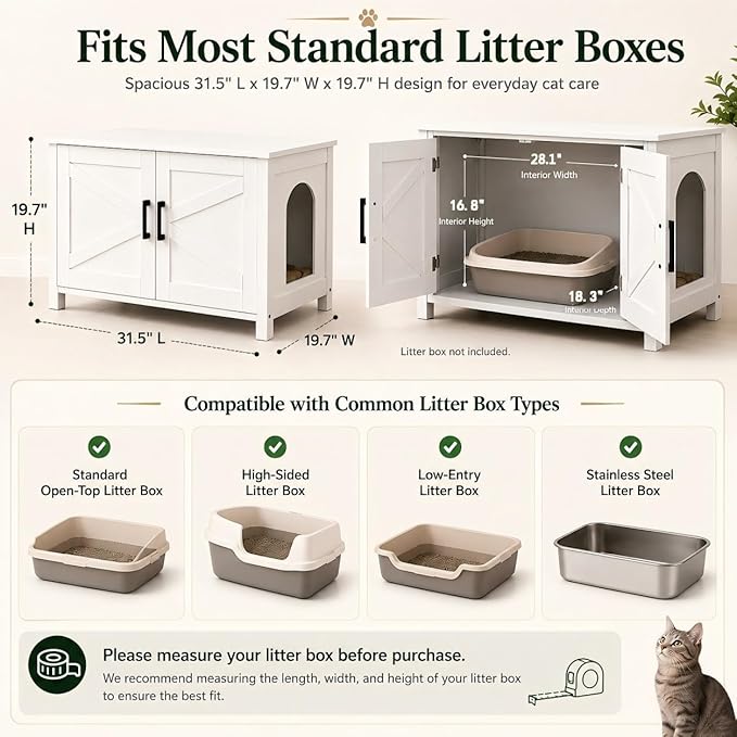 Homhedy Cat Litter Box Enclosure, Wooden Cat Washroom Furniture with Barn Door, Pet House, Fit Most of Litter Box, White