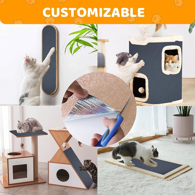 Cat Scratching Mat Self-Adhesive, 118'' x 15.8'' Trimmable Cat Scratch Pads Furniture Protector, DIY Climbing Cats Scratching Carpet for Couch, Door Frame or Wall Corner Protector (Light Gray)