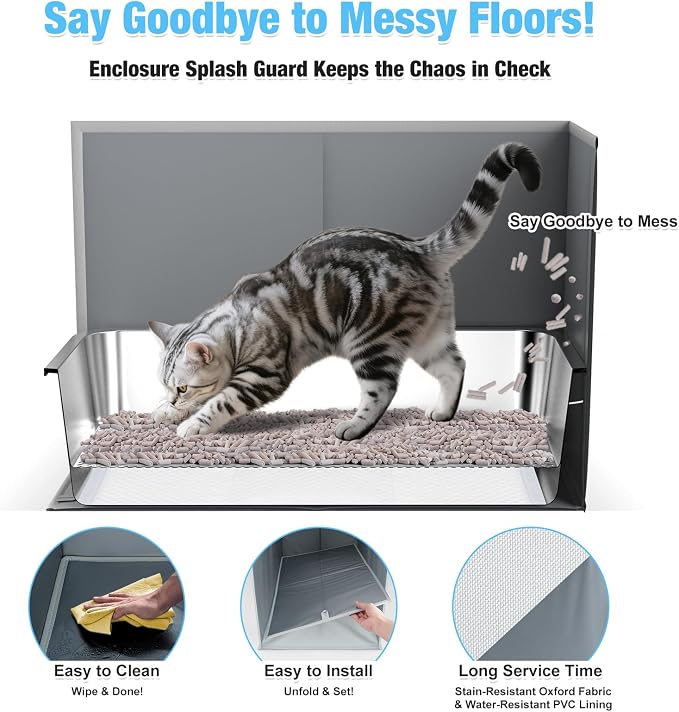 23.6" x 15.7" x 6" Stainless Steel Litter Box with Litter Box Enclosure Splash Guard for Big Cats, Multi-Cats, High Sided Sifting Litter Box for Non-clumping Litter, Easy Cleaning for Long-Lasting