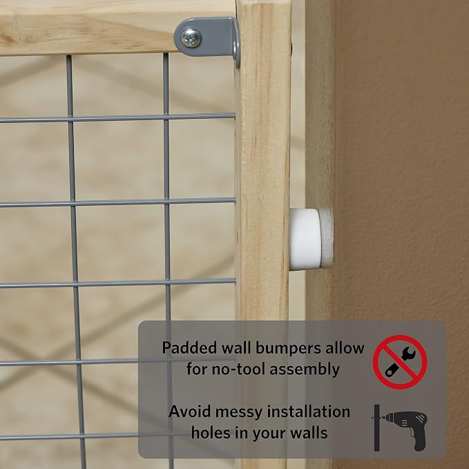 New World Wire Mesh Pet Safety Gate, Dog Gate Expands to 41.5 Inches Wide, 24 Inches Tall, No Damage to Walls, Natural Wood and Powder Coated Wire