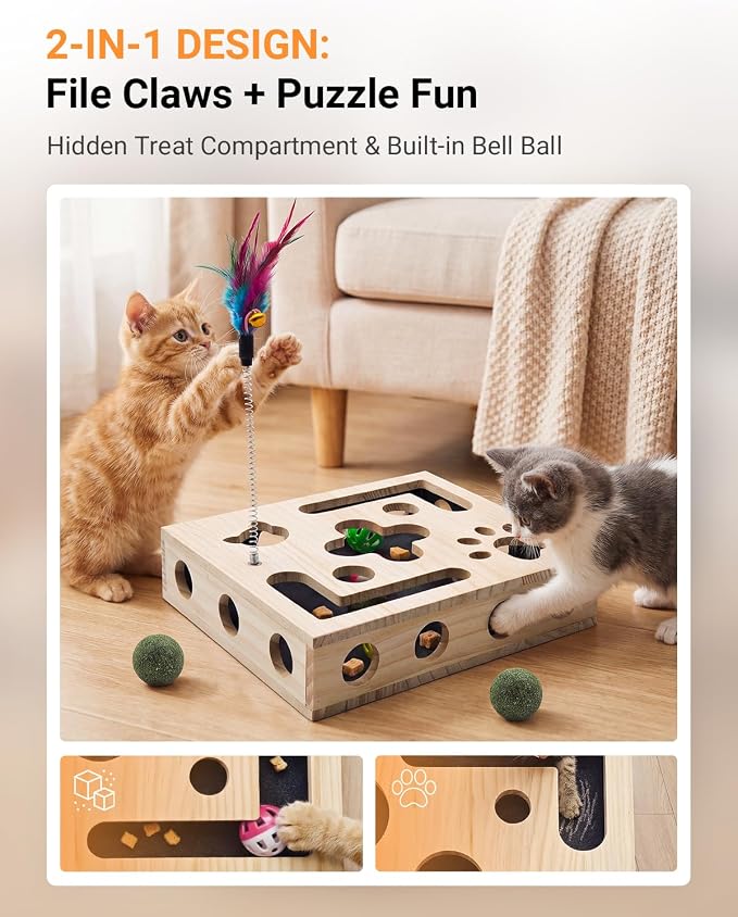 Cat Toys for Indoor Cats - Cat Nail File Box with Interactive Cat Toys, 2026 Upgraded Cat Puzzle Feeder Scratch Puzzle Toy for Indoor Cats, Natural Claw Care (Natural Wood)
