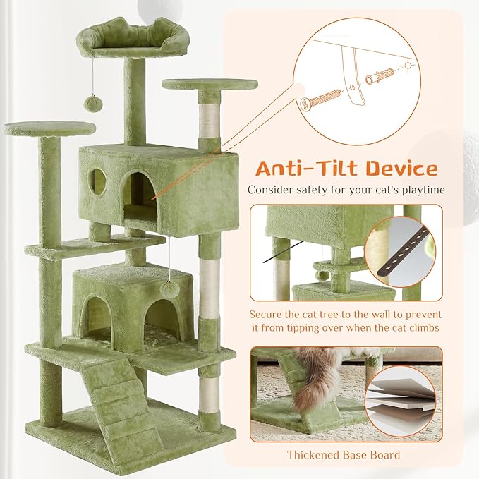 Cat Tree 54 Inch, Multi-Level Cat Tower with Condo, Perches, Sisal Scratching Posts and Climbing Ladder, Pet Play Toy Balls House for Indoor Cats, Green