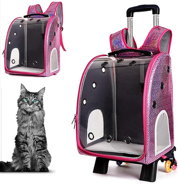 Pet Travel Rolling Carrier Backpack with Removable Wheels,Portable Foldable Breathable Airline Approved Hiking Soft-Sided Carrying Bag Trolley for Small Dogs And Cats with Mesh Ventilation Windows