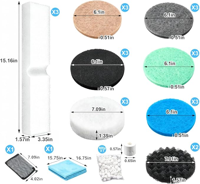 27Pcs Filter Media Replacement Kit, Replacement Filter Media Kit Compatible with Fluval FX2 FX4 FX5 FX6 Filter Media, Aquarium Filter Media Kit, Including Carbon Pad, Foam block, Filtering Medium etc