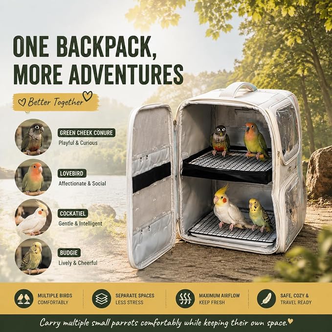 Bird Backpack Carrier for Parrots, Double Layer Bird Travel Cage with Removable Mesh Tray & Perch, Portable Ventilated for Multiple Small Birds Parakeet Cockatiel Conure