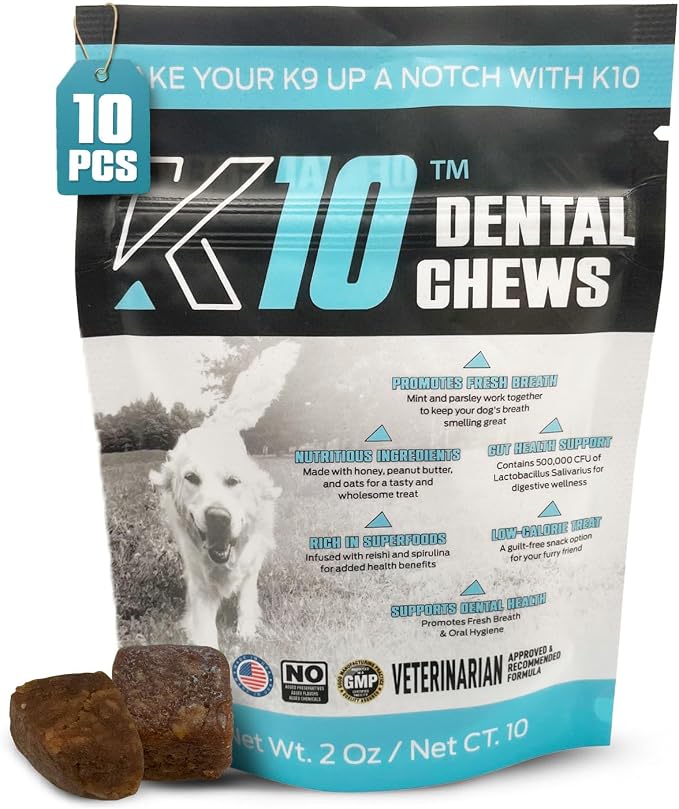K10 Dental Chews (10 Count) – Low-Calorie Dog Chew with Human-Grade Ingredients – Dog Chews that Support Fresh Breath, Oral Hygiene, Digestion & Vitality – Vet-Preferred Dental Treats for Dogs