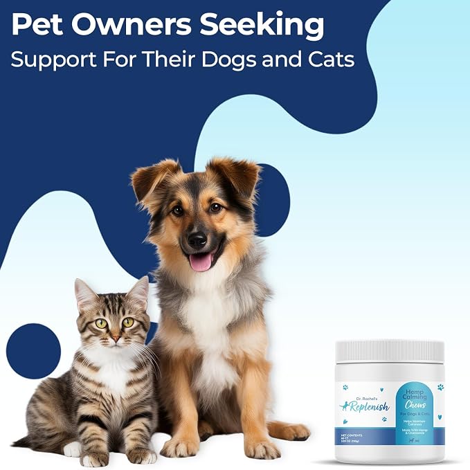 Replenish Hemp Calming Chews for Dogs - Pet Calming Chews – Can Help Relieve Stress from Separation, Storms, Fireworks & Travel – Calming Treats for Cats Stress Support – 60 Count