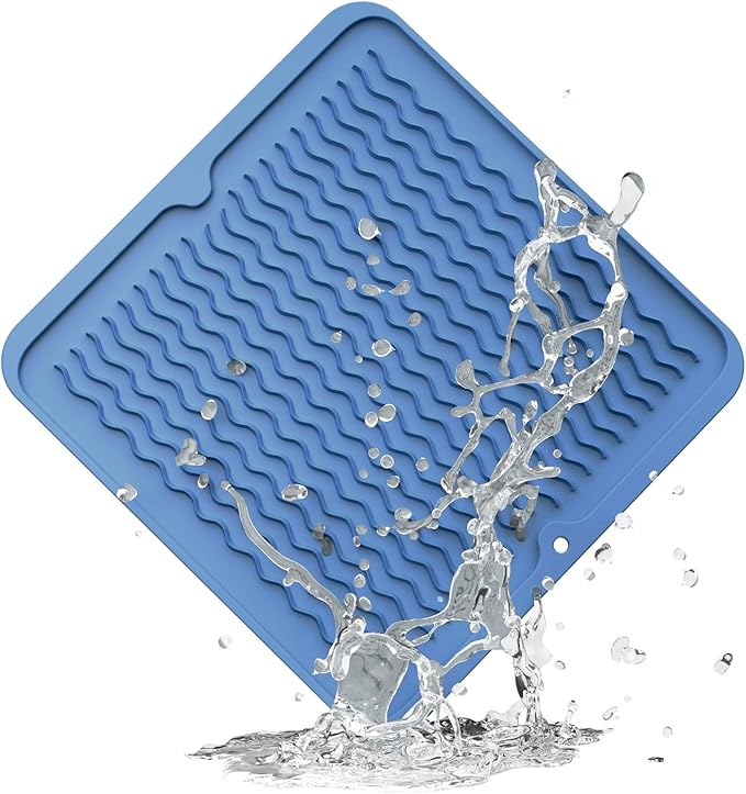 ZLR 4-in-1 Silicone Mat 12" x 12" / 305 x 306mm Square - Dish Drying Mat, Air Fryer Mat, Coffee Maker Pad & Heat Resistant Trivet (up to 450°F) - Non-Slip Food-Grade BPA-Free (Lichen Blue)