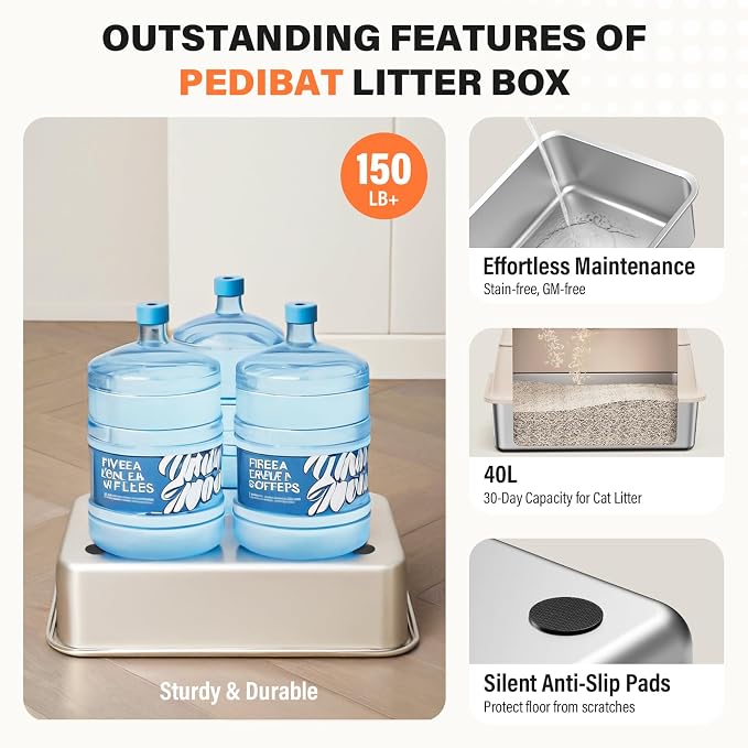 Removable Stainless Steel Cat Litter Box with lid, Front & Top Entry Kitty LitterBox，Cat Litter Box Enclosure, XL Extra Large High-Sided Metal Cat Box with Scoop,Mat,Footboard (Cream)