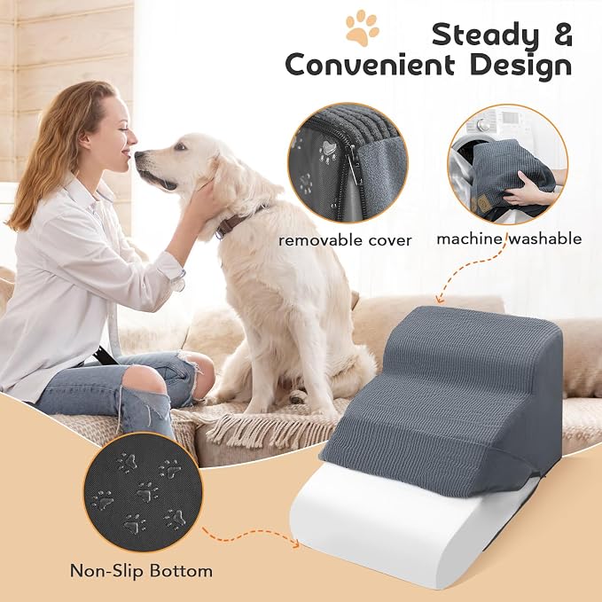 Mestuel Dog Stairs for Small Dogs, Pet Stairs for Couch Bed Sofa, Dog Steps Ramp Indoor with High Density Foam &Nonslip Bottom, Pet Stairs Hold up to 60 lbs, Gray