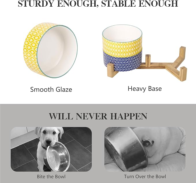 Selamica Ceramic 14 oz Dog Bowls - Anti-Slip Pet Dishes Set with Wooden Stand for Cats & Small Dogs, Weighted, Assorted Colors, Food & Water Dishes