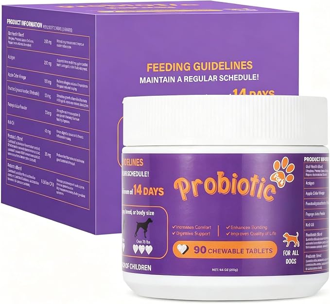 Dog Probiotic Chewable Tablets with Prebiotic, Apple Cider Vinegar & Papaya Powder, Pork Flavor Daily Digestive Supplement for All Breeds Dogs, 90 Count