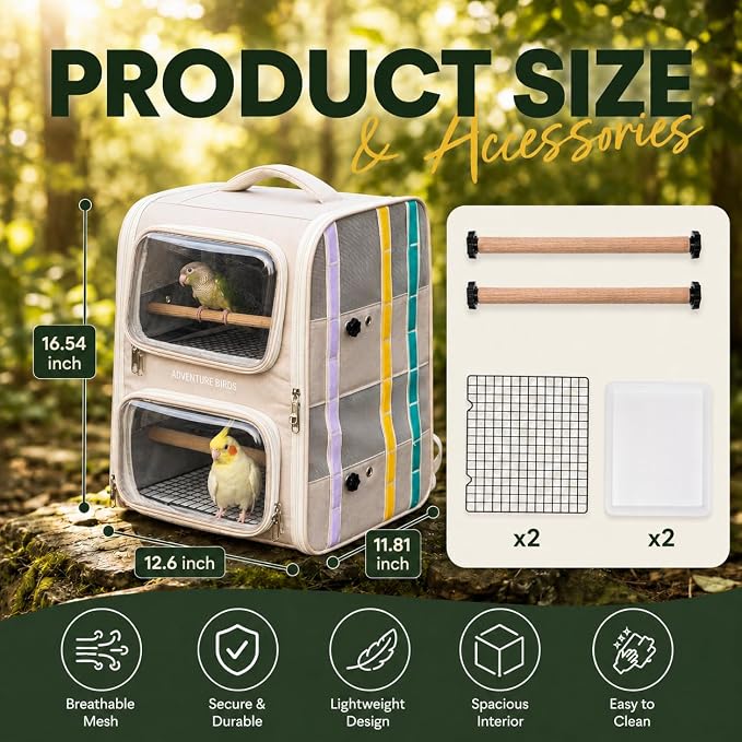 Bird Backpack Carrier for Parrots, Double Layer Bird Travel Cage with Removable Mesh Tray & Perch, Portable Ventilated for Multiple Small Birds Parakeet Cockatiel Conure