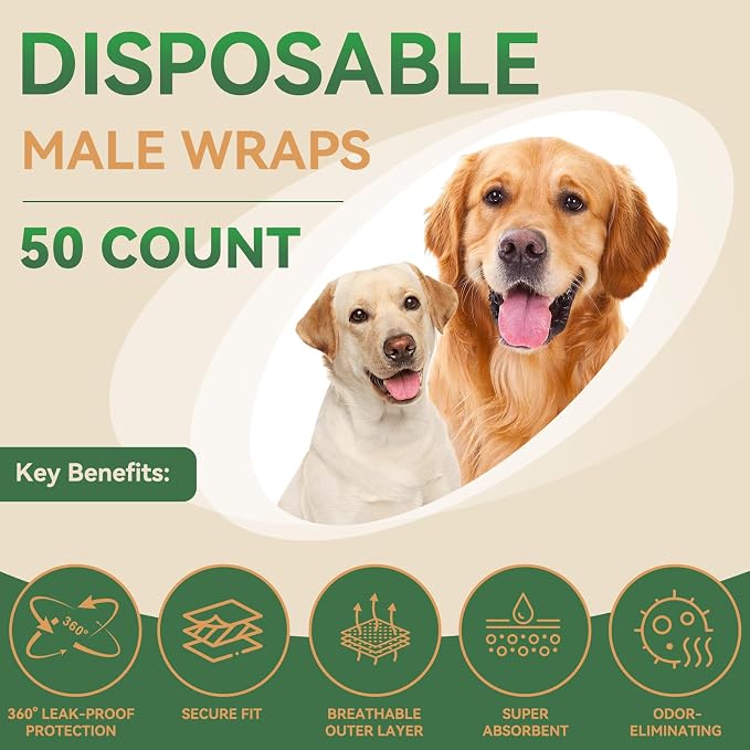 Dog Diapers Male,50 Count Medium Adjustable Male Dog Diapers Disposable,Dog Belly Band, Male Dog Wraps Ideal for Doggie, Puppy,Super Absorbent & Wetness Indicator(M Same as Other Brands' S)