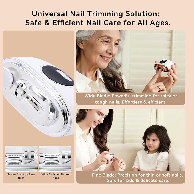 Electric Nail Clipper for Seniors & Adults - Dual-Blade 3-in-1 Automatic Nail Trimmer for Thick Nails with LED Light, Quiet 3-Speed Rechargeable Cutter with Debris Storage