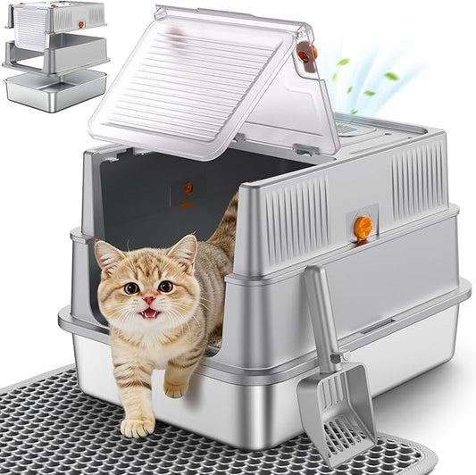 URPOWER Stainless Steel Cat Litter Box with Lid 180° Flip-Top Enclosed Kitty Litter Box Non-Sticky Metal Pan with High Sided & Scoop for Kitten, Small Cats, Odor Free, Anti-Leakage, Easy Cleaning