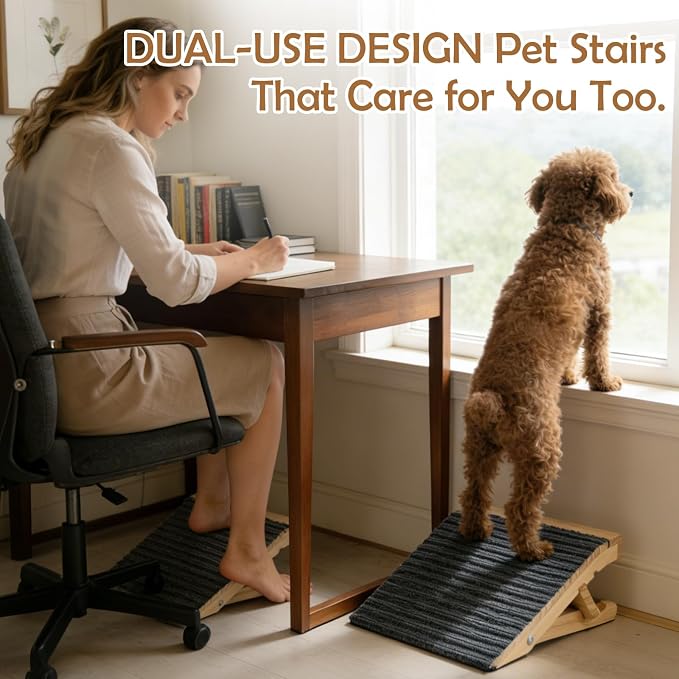 Dog Ramp for Stairs 2 Pack - Adjustable Solid Wood Stair Wedges for Small & Senior Dogs, Foldable Indoor Pet Ramp with 2 Heights (4.2"/5.1"), Triangular Support & Non-Slip Carpet, No Assembly (13.7"L)
