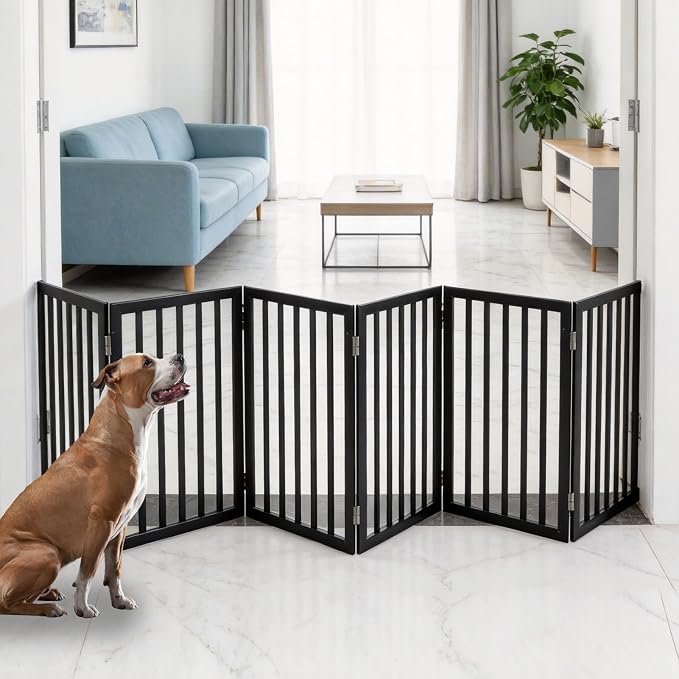 Dog Gate Indoor, Freestanding Dog Fence for The House, Doorways, Hallways,or Stairs,Pet Gate Foldable Wooden,Expandable 32" Height 6 Panels,Black