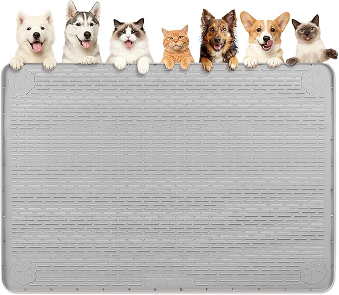 Dog Food Mat, Extra Large 70" x 45" Silicone Pet Feeding Mat with Raised Edge Pet Placemat for Small, Medium, and Large Pets Non-Slip, Easy to Clean (Light Grey)