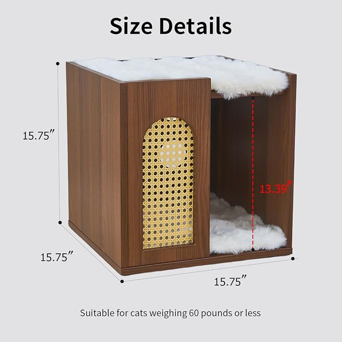 2-Tier Wooden Indoor Cat House for Large Cats, Sturdy & Durable Semi-Enclosed Cat Bed Condo with Removable Washable Plush Cushion, Multi-Functional Cat Furniture, Easy Video Assembly