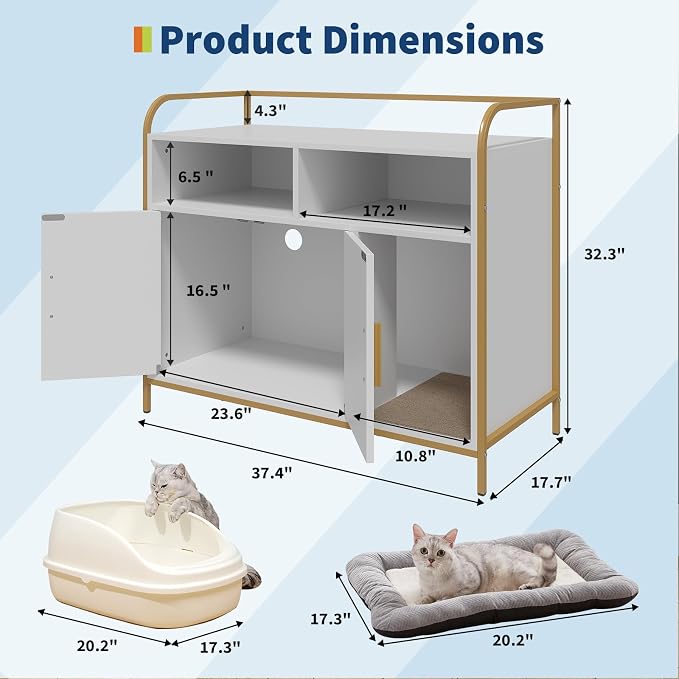 Garvee Cat Litter Box Enclosure Furniture Wooden Hidden Indoor Cat Washroom House Cabinet with 2 Open Compartments Scratching Mat Double Door Storage Cabinet Front Entry Air Vents Metal Frame