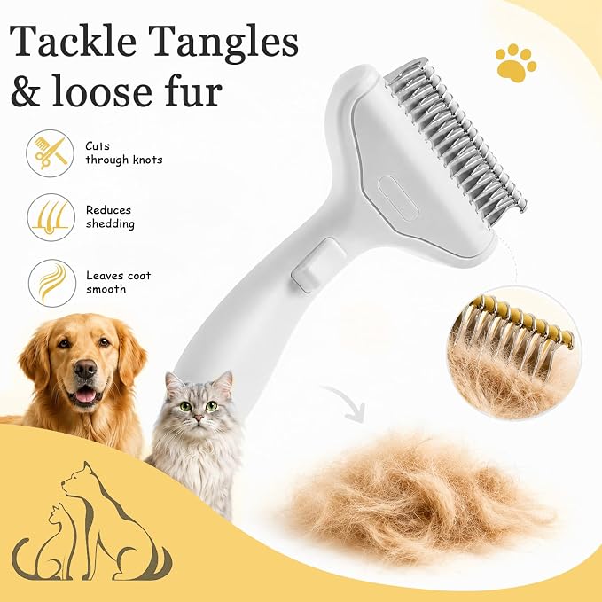 Dog Brush and Cat Deshedding Rake, Pet Grooming Tool for Shedding with Rounded Stainless Steel Teeth, Comfortable Grip for Long or Thick Coats (Style 2 White)