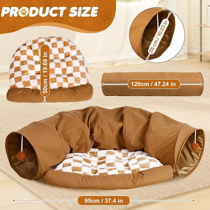 Spardar Bunny Tunnel Bed, 2-in-1 Collapsible Tunnel Tubes Toys, Washable, with Removable Mat Hideout, Interactive Toys for Rabbits Chinchilla Hedgehog Guinea Pigs Kitty, Khaki