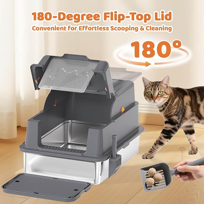 Homegroove XXXL Stainless Steel Litter Box with Lid, 28''x20''x18'' Extra Large Cat Litter Box with Litter Scoop & Pedal, Enclosed Metal Cat Litter Pan for Large & Multi-Cats, Anti-Leakage (Grey)